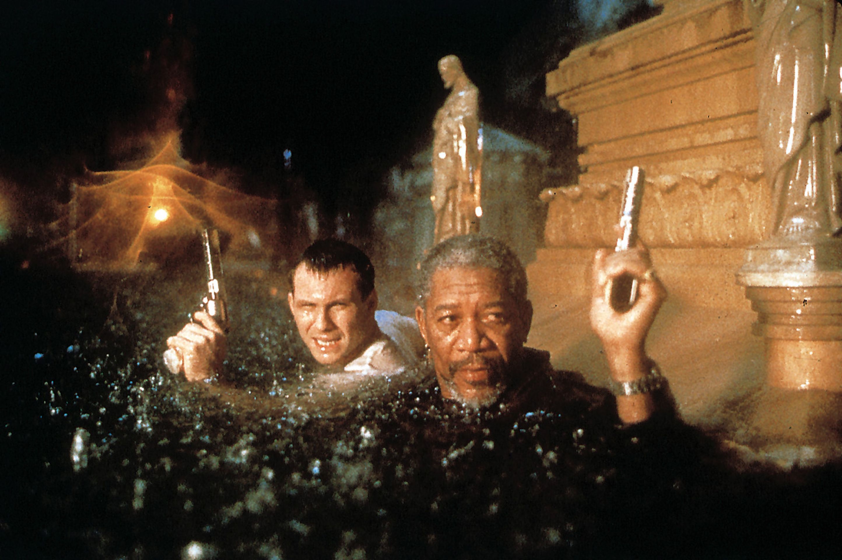 Christian Slater and Morgan Freeman in Hard Rain